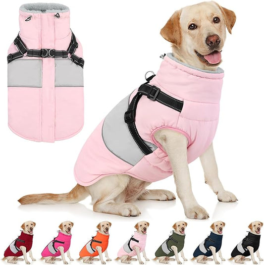 AOFITEE Dog Coat Warm Dog Winter Coat, Waterproof Dogs Jacket with Harness, Dogs Snow Jacket Snowsuit with Zipper & Furry Collar, Reflective Windproof Pet Sweater for Cold Weather, French Bulldog, L