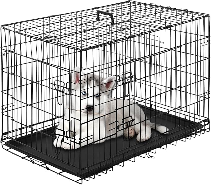 PayLessHere Small Dog Crate Kennel 24 inches Metal Dog Cage Double-Door Folding Travel Indoor Outdoor Puppy Playpen with Divider and Handle Plastic Tray,Black