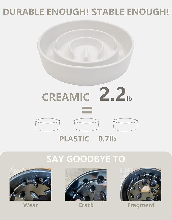 Ceramic Slow Feeder Dog Bowls, 2.0 Cups Slow Feeder for Medium and Large Dogs, Puzzle Maze Bowl to Slow Down Eating, 30oz, 8in, White