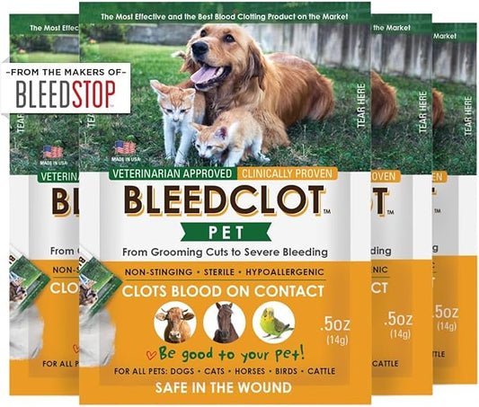 BleedClot Pet First Aid Blood Clotting Powder | The Best for All Animals to Stop Bleeding, Guaranteed | for Minor Cuts and Severe Arterial Bleeding | from The Makers of BleedStop (4 Pouches (0.5 oz))