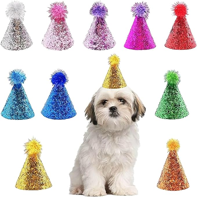 Dog Birthday Hat Set for Small Medium Dogs Cat Puppies, Mini Party Hat with Adjustable Headbands, Cute Pet Hat with Pompons for Birthday Christmas Party Decoration Accessories (Small 3 inch 10pcs)