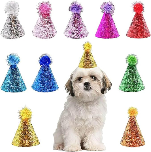 Dog Birthday Hat Set for Small Medium Dogs Cat Puppies, Mini Party Hat with Adjustable Headbands, Cute Pet Hat with Pompons for Birthday Christmas Party Decoration Accessories (Small 3 inch 10pcs)