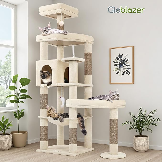 Globlazer Extra Large Platform Cat Tree, 65in Tall Sturdy Cat Tree for Indoor Cats Large Adult, Big Cat Tower for Big Cats with 3 Enlarged Perches, 6 Scratching Posts, Cat Condo, Hammock, S65, Beige