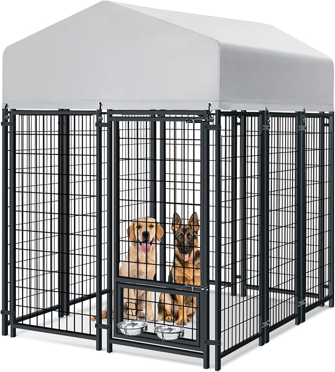 Oranland 6x4x6FT Outdoor Dog Kennel, Heavy Duty Welded Wire Steel Dog kennels with Secure Lock for Outside, Dog Pen with Waterproof Roof Cover and 2 Rotating Dog Bowls