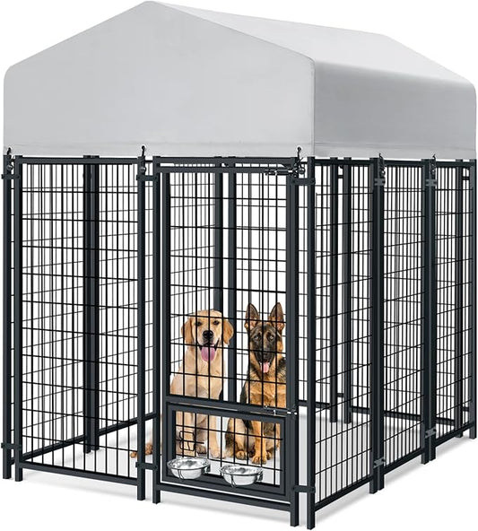 Oranland 6x4x6FT Outdoor Dog Kennel, Heavy Duty Welded Wire Steel Dog kennels with Secure Lock for Outside, Dog Pen with Waterproof Roof Cover and 2 Rotating Dog Bowls
