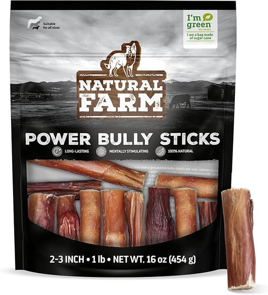 Natural Farm Power Bully Sticks Dog Chews (2-3”, 1 Pound Bag), 2-in-1 Power Chews: Premium Beef Cheek Wrapped in Beef Pizzle, Double Chewing Time, Promotes Dental Health, Great for Small Dogs