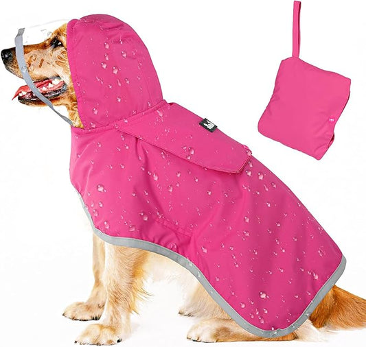 Lukovee Dog Raincoat, Adjustable Dog Rain Jacket with Clear Hooded Double Layer for Large Medium Small Dogs Puppies, Waterproof Rain Coat Poncho with Reflective Storage Pocket & Rim (Fuchsia, L)