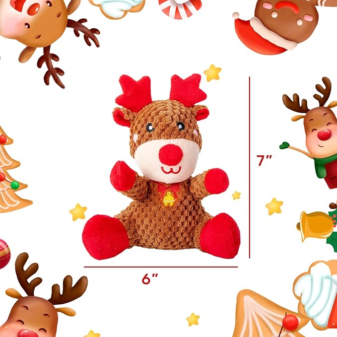 Hollypet Christmas Squeaky Plush Stuffed Durable Dog Toys, Cute Puppy Chew Toys for Small, Medium and Large Breed Dogs, Sitting Elk