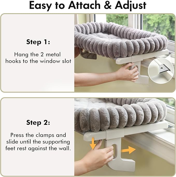 Cat Window Sill Perch,‌ 4-Sided Cushion Bolster Cat Window Seat with ‌Sturdy Frame,‌ ‌Easy Adjust Window Sill Mount Pet Bed for Indoor Cats (Gray, Medium)