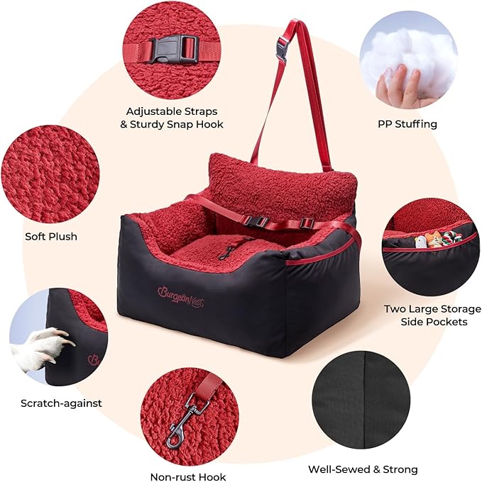 BurgeonNest Dog Car Seat for Small Dogs, Detachable and Washable Cat Carseats Under 25 lbs, Soft Pet Booster Seats with Storage Pockets and Clip-On Leash Portable Car Travel Carrier Bed, Black red