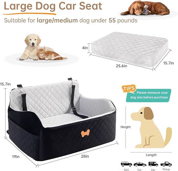 Car Seat for Large Size Dog, Booster Seat for Dogs Under 55 lbs or 2 Small Dogs, Soft Car Dog Bed Filling in Thick Memory Foam with 2 Safety Leashes and Storage Pocket (Grey/Black)