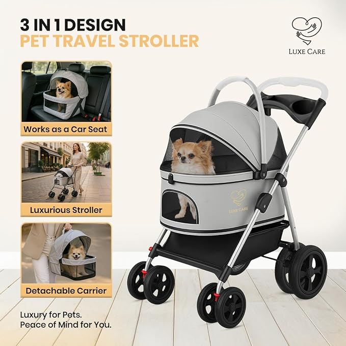4 Wheel Foldable Pet Stroller - Lightweight Dogs and Cats Stroller Upto 50lbs with Mesh Canopy, Storage Basket and Cup Holder, Durable for Walks and Outings (Medium)