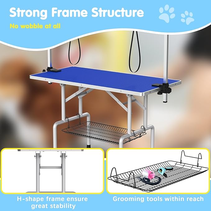 Lyromix 42''Large Dog Grooming Table, Adjustable Cat Drying Desktop with Arms, Nooses, Mesh Tray, Foldable Pet Station at Home, Maximum Capacity Up to 330Lb, 42inch, Blue
