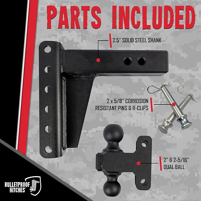 BulletProof Hitches - 2.5" Adjustable Heavy Duty Trailer Hitch (22,000 lb. Rating) - 6" Drop/Rise Trailer Hitch with 2" & 2-5/16" Dual Ball - Powder Coat, Solid Steel, Corrosion-Resistant