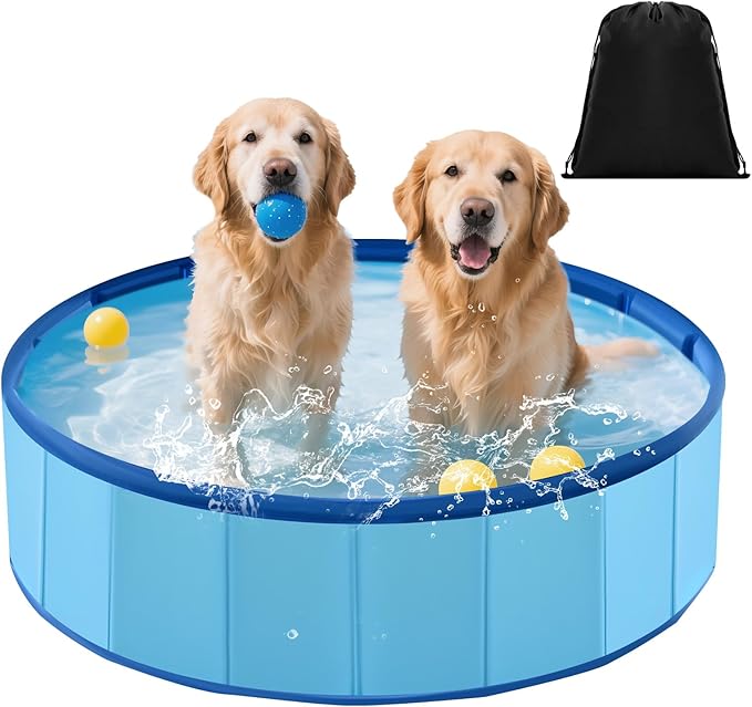 Chunful Foldable Dog Pool with Storage Bag, 24 x 8 Pet Swimming Pool Hard Plastic Portable Bath Tub for Dogs, Cats, Backyard, Beach, and Summer Play, Indoor & Outdoor Use (Blue)