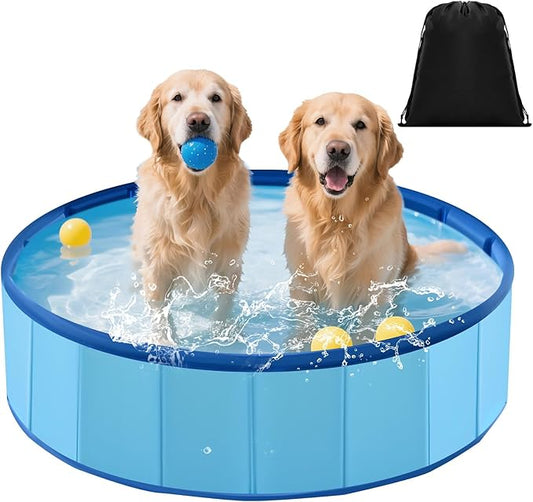 Chunful Foldable Dog Pool with Storage Bag, 24 x 8 Pet Swimming Pool Hard Plastic Portable Bath Tub for Dogs, Cats, Backyard, Beach, and Summer Play, Indoor & Outdoor Use (Blue)