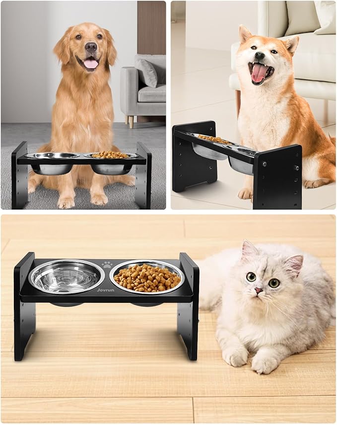 Elevated Dog Bowls, Adjustable Raised Dog Bowl Stand for Small Size Dogs and Cats, Durable Bamboo Dogs Feeder with 2 Stainless Steel Bowls and Non-Slip Feet, Pet Food Bowl for Small Sizes