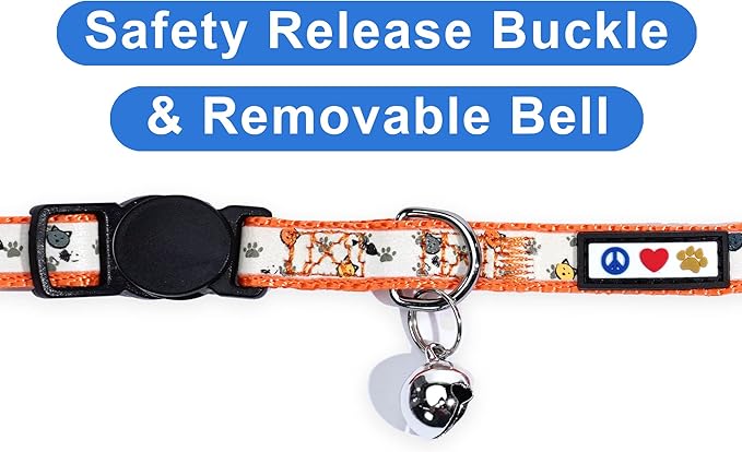 Pawtitas Glow in The Dark Cat Collar with Breakaway Safety Buckle & Bell Adjustable Kitten Collar, Orange