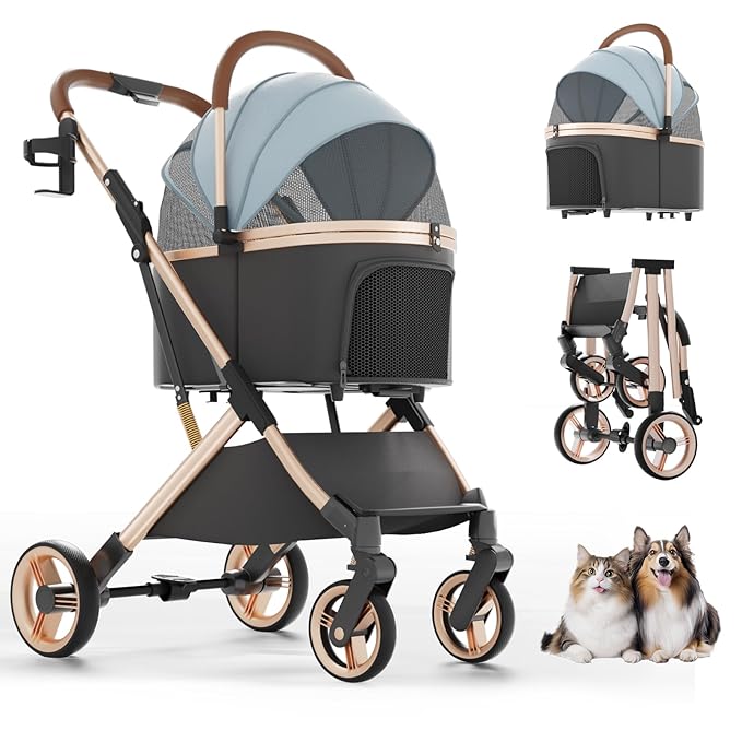 Pet Stroller with 4 Wheels, Dog Stroller with Detachable Carrier, One-Click Folding Pet Travel Carrier for Small, Medium Dogs Cats up to 50lbs, 3 in 1 Multifunctional (Cerulean)