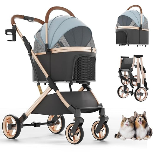 Pet Stroller with 4 Wheels, Dog Stroller with Detachable Carrier, One-Click Folding Pet Travel Carrier for Small, Medium Dogs Cats up to 50lbs, 3 in 1 Multifunctional (Cerulean)