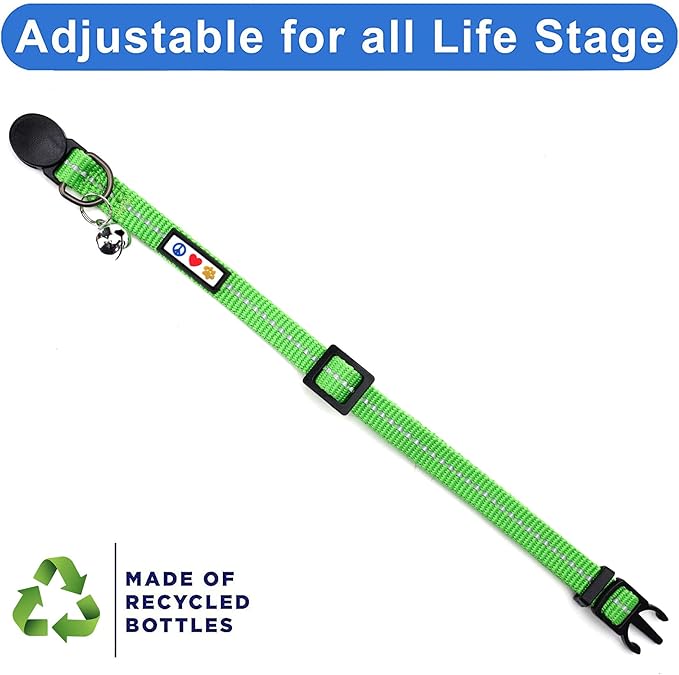 Pawtitas Recycled Cat Collar with Reflective Stitched and Safety Buckle Removable Bell Reflective Cat Breakaway Collar Made of Plastic Bottles Collected from Oceans - Green Cat Collar