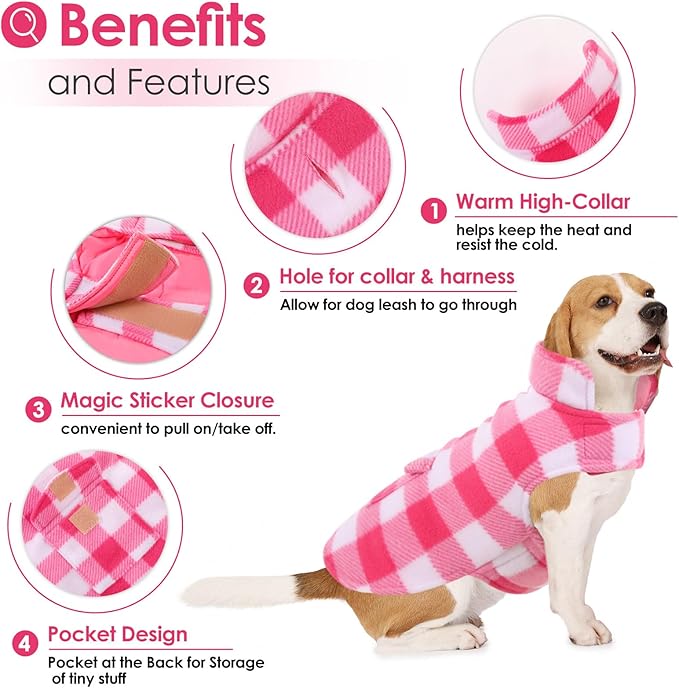 AOFITEE Dog Coat Plaid Dog Winter Coat for Large Dogs, Warm Dogs Jacket Christmas Sweater, Waterproof Pet Puffer Jacket, Reversible Pet Cold Weather Coats for Small Medium Large Pets, Pink XL