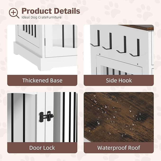40'' Wooden Dog Crate Furniture–Farmhouse Dog Kenel-Multi Purpose Pet House with Double Doors, 2 Drawers, for Small, Medium & Large Dogs–White & Brown Finish