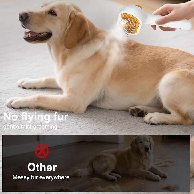 Pet Steam Brush for Dog & Cat - 3-in-1 Pet comb leave-in serum for Shedding & Hair Removal - Self Cleaning Spray Comb with Mist for Long Haired Pets - Includes 1*Waterless Shampoo, Yellow