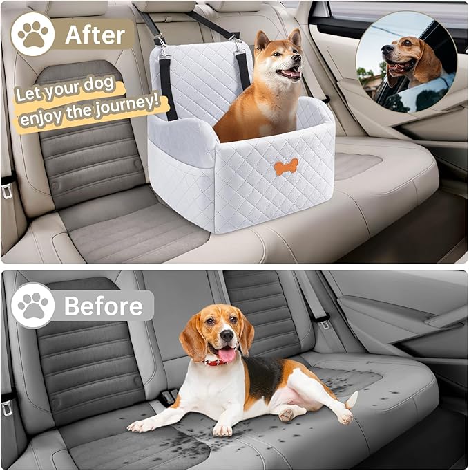 Dog Car Seat for Small Dogs, Dog Booster Seat Filling in Thick Memory Foam with 2 Safety Leashes and Storage Pocket, Suitable for Pet Under 30lb or 2 Puppies (Gray)
