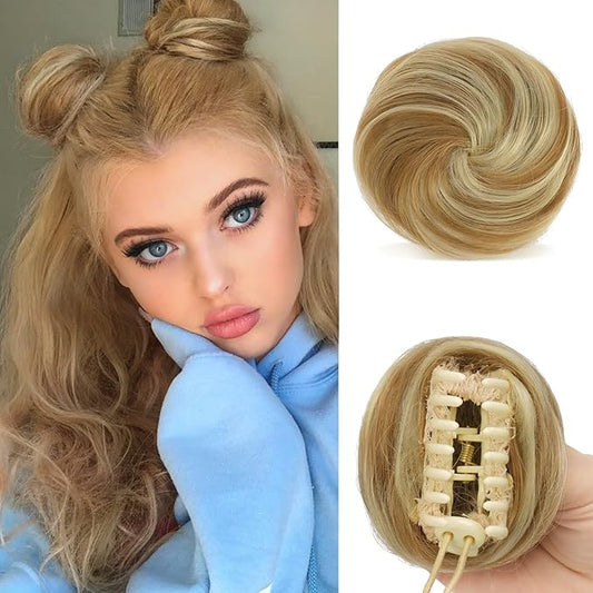 SOFEIYAN 2PCS Mini Claw Clip in Hair Bun Messy Cat Ears Hair Bun Extension Synthetic Donut Wig Accessory Updo Space Bun Hair Pieces for Women Girls, Strawberry Blonde & Bleach Blonde