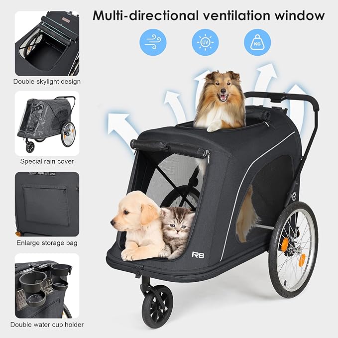 R8 Extra Large Foldable Pet Stroller, Dog Stroller & Pet Trailer for Large Dogs Under 100 lbs, Unmovable, Disabled & Pregnant Dogs - Conveniently Carriable by Bike and Car, Black