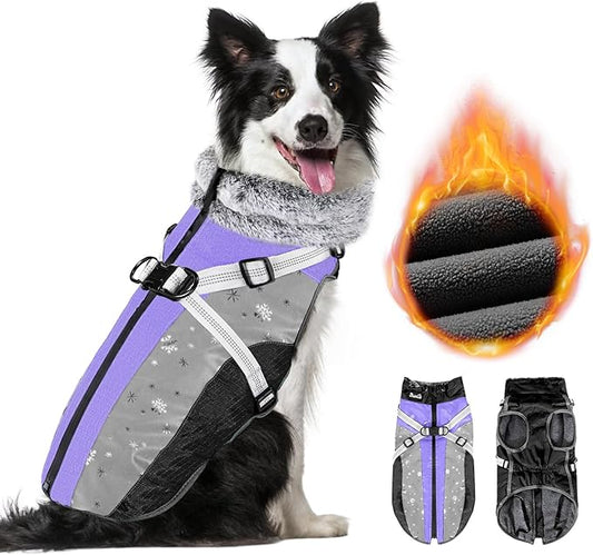 SlowTon Dog Jacket with Harness Built in - Waterproof Fleece Winter Warm Dog Coats for Small Medium Dogs, Reflective Adjustable Furry Puppy Vest Clothes for Outdoor Walking (Purple & Grey, XL)