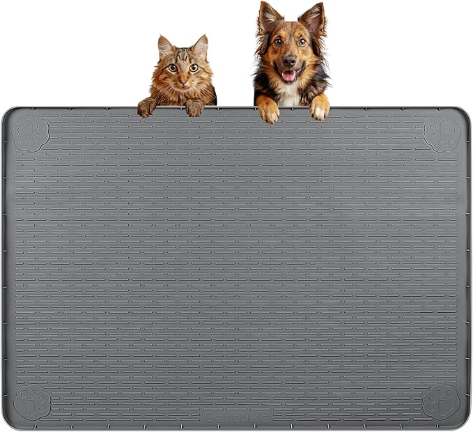 Dog Food Mat, Extra Large 34" x 22" Silicone Pet Feeding Mat with Raised Edge Pet Placemat for Small, Medium, and Large Pets Non-Slip, Easy to Clean (Dark Grey)
