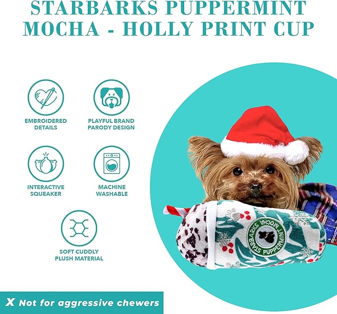 Haute Diggity Dog Starbarks Puppermint Mocha Plush Dog Toy for Small, Medium & Large Dogs, Interactive Funny Holiday Squeaky Toys, Soft, Durable, Machine-Washable, Safe & Cute Birthday Gift for Dogs