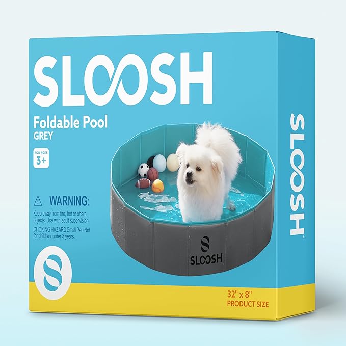 Sloosh Foldable Dog Kiddie Pool - Portable Hard Plastic Doggie Swimming Pool, Anti-Slip Collapsible Pets Bath Tub Suitable for Kids Toddler Indoor Outdoor Backyard Use (Gray, 32" x 8")