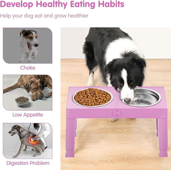 XIAZ Elevated Dog Bowls Large Breed Raised Dogs Bowl Stand Large/Medium Sized Dog 1L Food Water Bowl Stands 5 Heights Adjustable 9/11/12/14in Pink Pet Feeder Dish Station