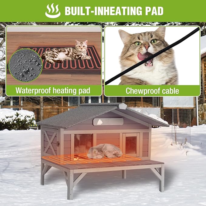 GUTINNEEN Heated Cat House Large Insulated Cat House Outdoor Weatherproof Feral Cat Shelter with Heated Pad, Insulated All-Round Thermal Liner for 1-4 Cats (Winter-Ready)