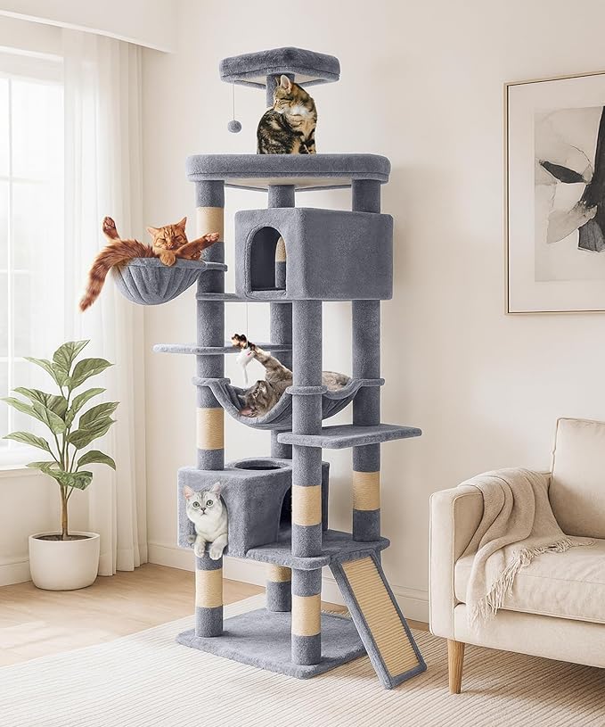 AMHANCIBLE Heavy Duty Cat Tree for Indoor Cats Large Adult 20 lbs+, 83 Inch Multi-Level Tall Cat Tower with Scratching Post and Board, Hammock, Condos, Hanging Basket, Grey, PT21GY