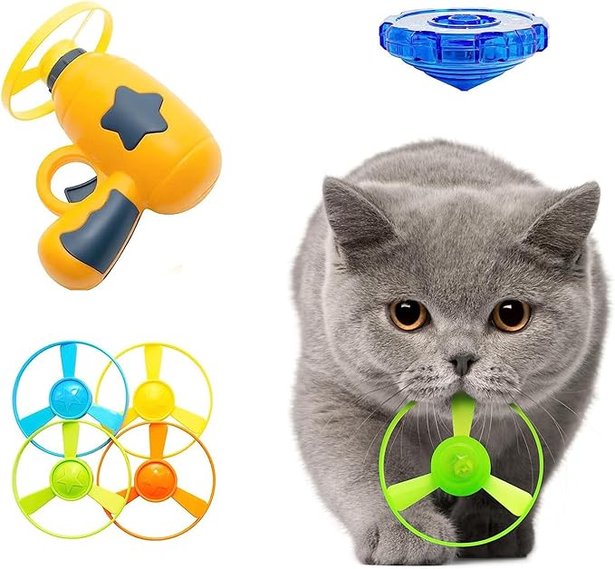 Flying Cat Toy for Indoor Kitten, Interactive Cat Fetch Toy with 1 Light Up Spinning Tops, and 5 Propellers, Flying dis Toy for Training Chasing