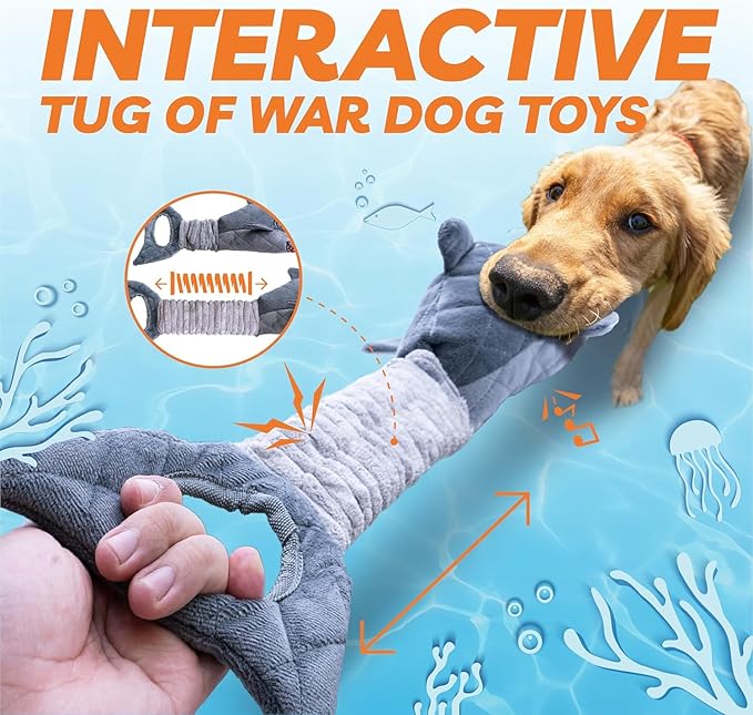 LEGEND SANDY Dog Toys for Large Dogs, Dog Chew Toys to Keep Them Busy, Interactive Squeaky Pet Toys, Tug of War, Crinkle Grey Shark