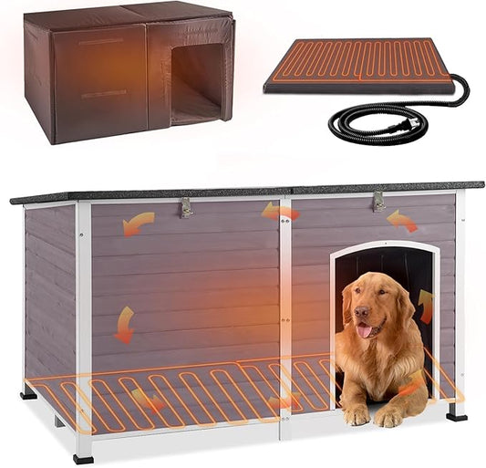 GUTINNEEN Large Heated Dog House for Outside Insulated Dog House Outdoor with Safe Heated Pad, Chew-Proof Metal Frame and Insulated Liner for Medium to Large Dogs, 59.1" L x 31.9" W x 35.4" H, Grey