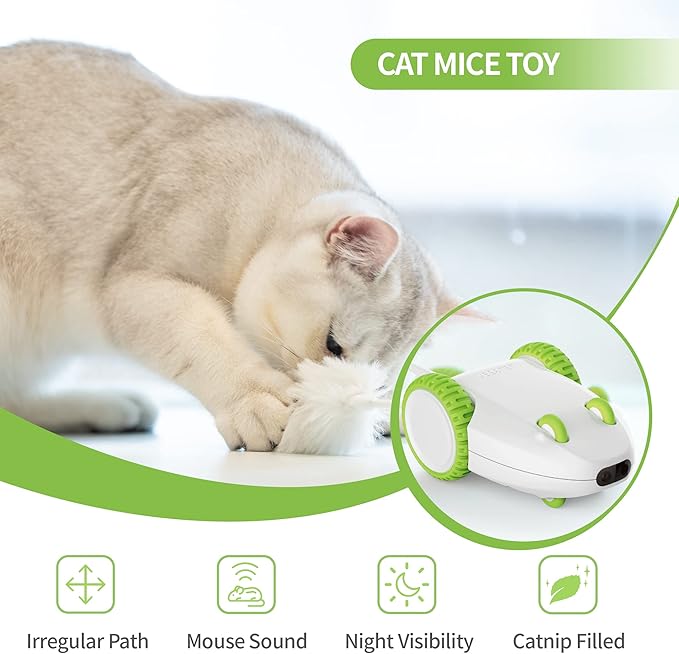 PETGEEK Automatic Cat Mouse Toys Interactive Cat Toys for Indoor Cats, Smart Sensing Moving Electric Cat Toys with Catnip Wand, USB Rechargeable Remote Control Squeaky Mouse Cat Toy, 3 Catnip Tails