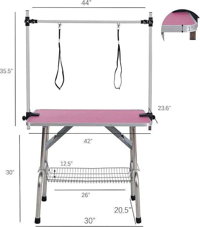 42" Dog Grooming Table Foldable Pet Grooming Tables with Adjustable Arm Noose Storage Mesh Tray Maximum Capacity Up to 330lbs Pink