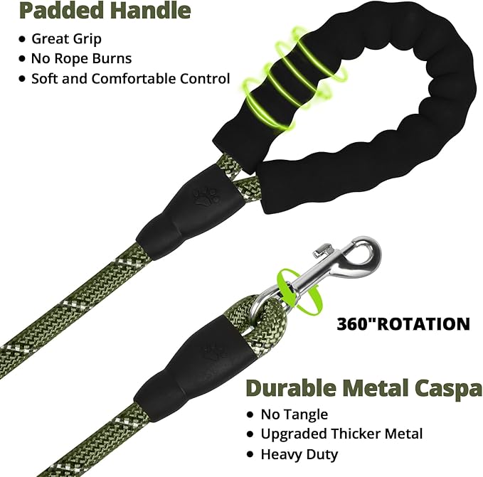 jenico Rope Dog Leash 6FT: Heavy Duty Nylon Leashes with Swivel Lockable Hook Reflective Threads Bungee and Padded Handle - Dog Lead for Large Small Medium Dogs Outside Walking Hiking
