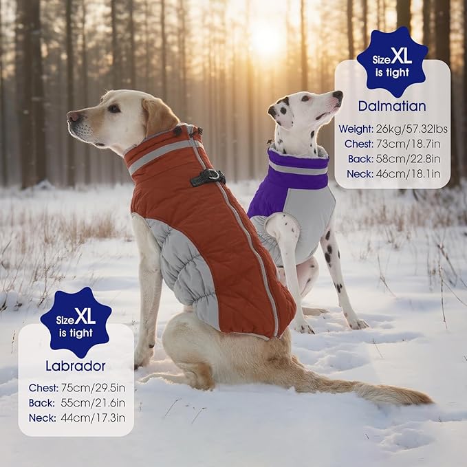 FUAMEY Dog Coat for Large Dogs,Waterproof Dog Winter Jacket with Harness Built in Puppy Cold Weather Coats Reflective Pet Vest with Zipper Warm Fleece Dogs Snowsuit Windproof Purple L