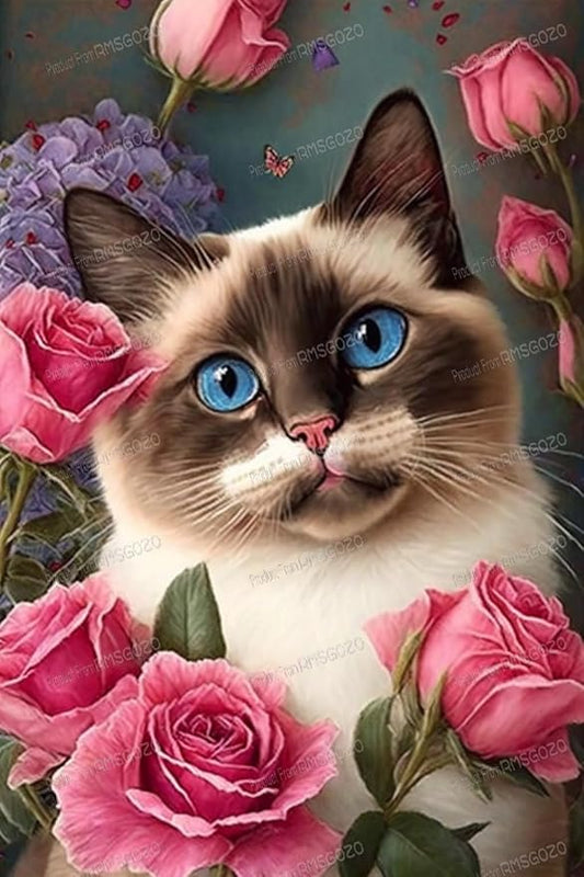 Jigsaw Puzzle 500 Pieces - Pink Rose Cat - Flower Animal Wooden Puzzles for Adults, Challenging Puzzle, for Living Room Decor & Gifts