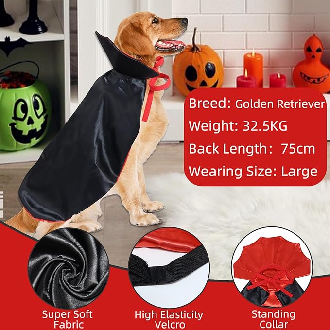 ROSAUI Halloween Pet Vampire Cape – 19.69″ Adjustable Red & Black Costume for Medium Dogs (Beagle, Shiba Inu, French Bulldog) Spooky Outfit with Stand-Up Collar (M Size)