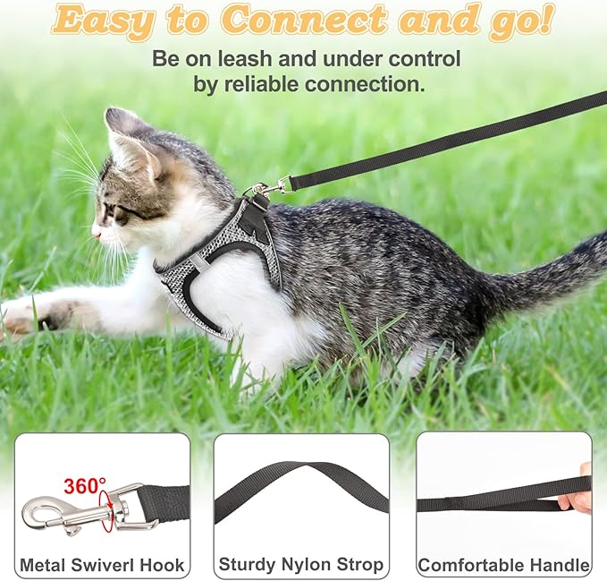 Cat Harness and Leash for Walking Escape Proof, Adjustable Kitten Vest Harness Reflective Soft Mesh Puppy Harness for Outdoor, Comfort Fit, Easy to Control (Gray, XXS)