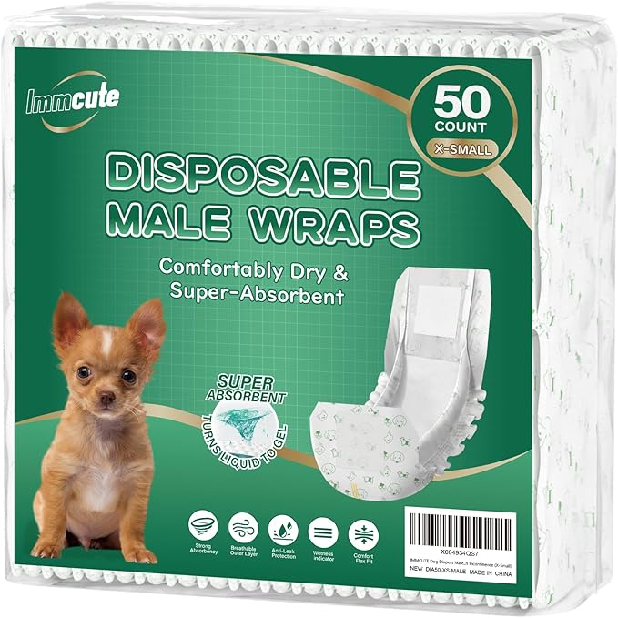 IMMCUTE Dog Diapers Male 50 Ct, XS Size, Super-Absorbent Male Dog Wraps Disposable Doggie Diapers with Wetness Indicator, Puppy Diapers Male for Marking, Excitable Urination