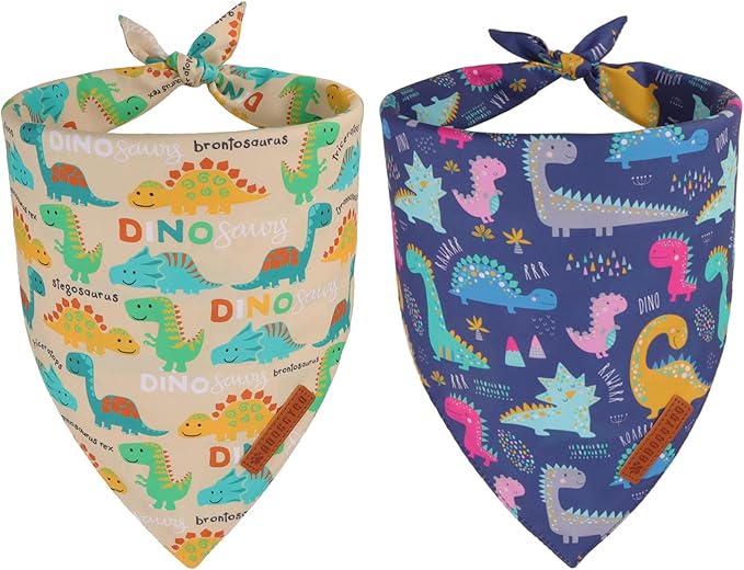 ADOGGYGO Dinosaur Dog Bandanas 2 Pack, Reversible Colorful Animal Pet Scarf, Premium Fabric, Adjustable Fit Yellow Blue Dinosaur Bandanas for Small Dogs (Small)